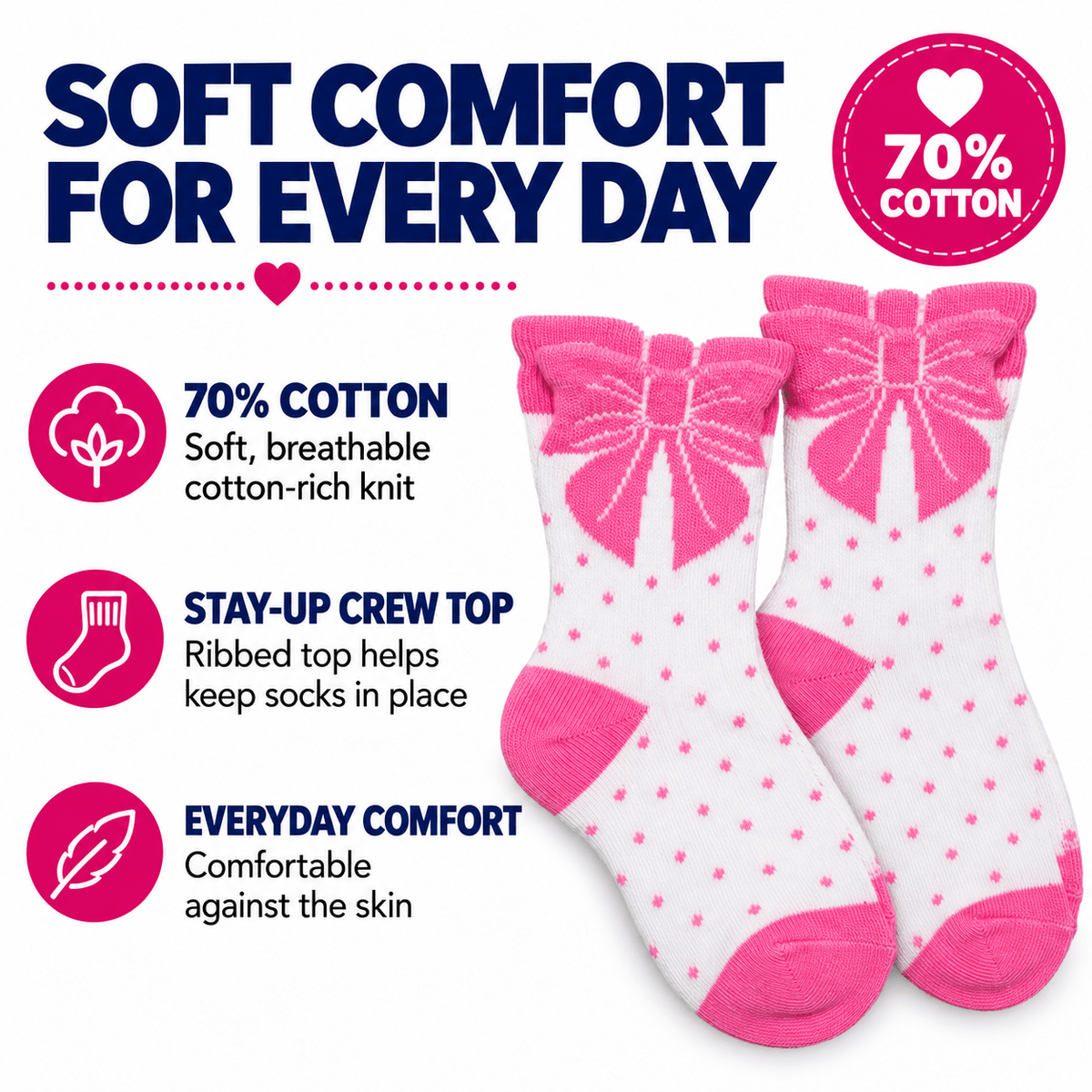 3D Pink Bow Crew Socks - 4 Pair Pack