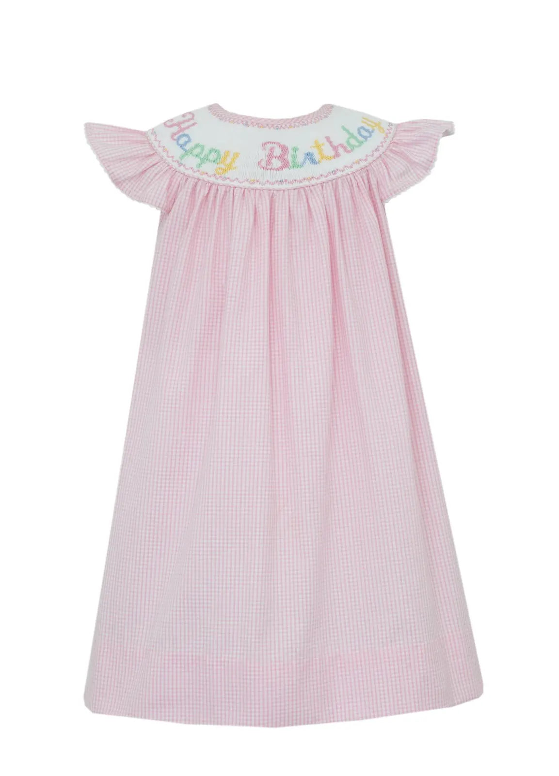 Happy Birthday Pink Seersucker Check Angel Wing Bishop Dress