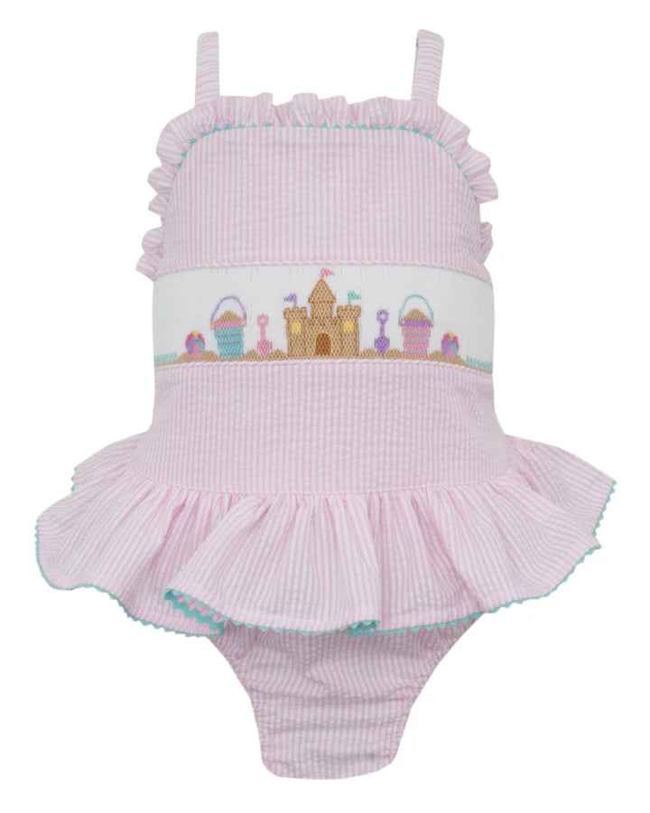 Pink Seersucker Sand Castle One Piece