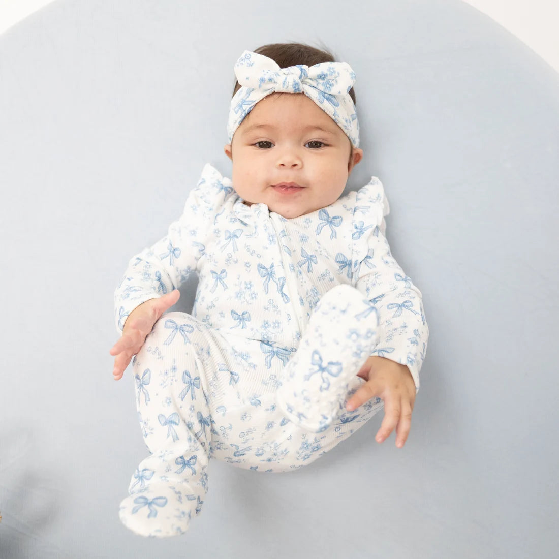 Blue Bows and Flowers - 2 Way Zipper Footie
