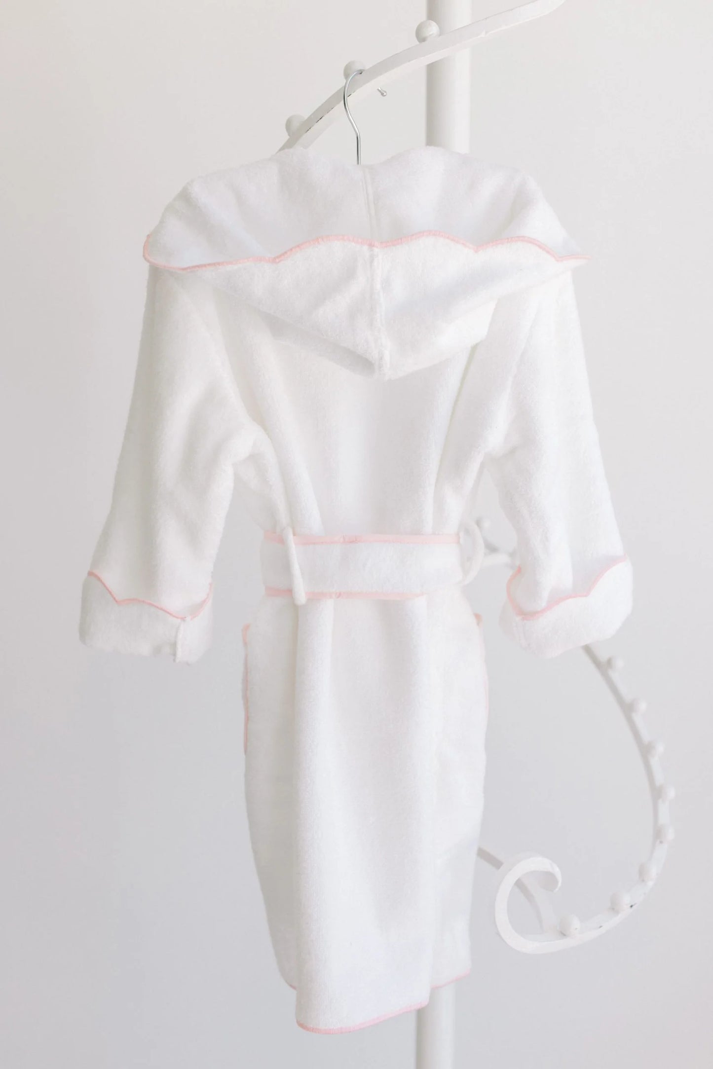 Bathrobe White Terry With Hood And Pink Scalloped Trim