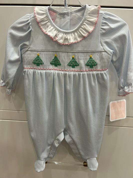 Christmas Tree Blue Check Knit Footie