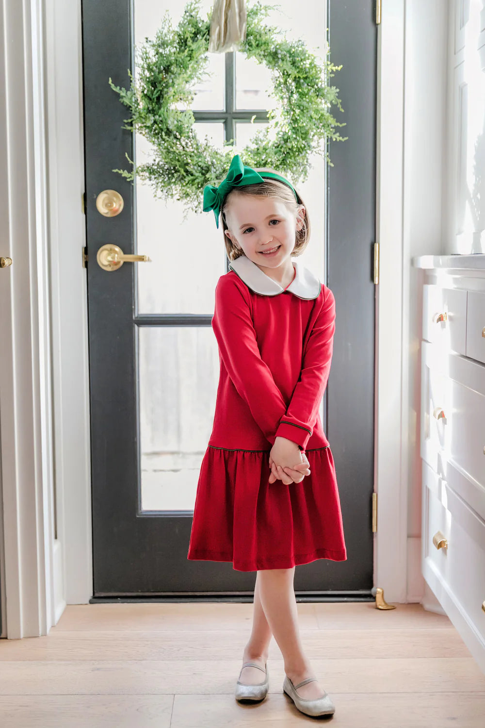 Lillian Girls' Red Dress With Green Piping