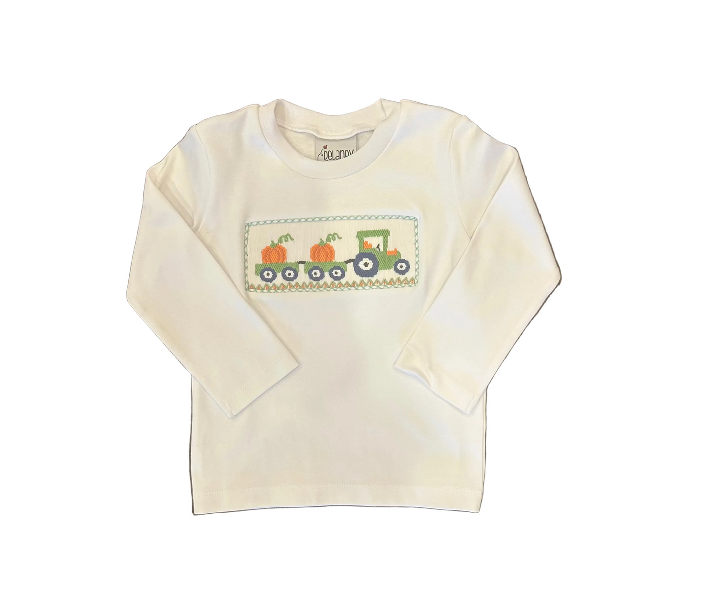 Boys White LS Smocked Tractor/Pumpkin Shirt