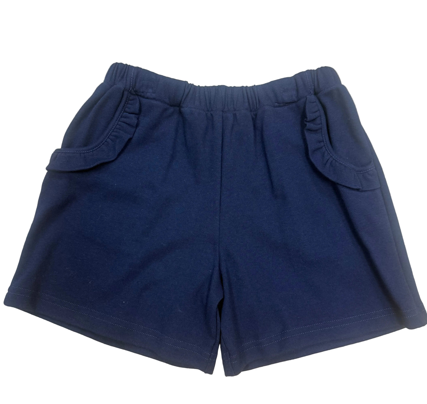 Navy Knit Girls Shorts W/ Ruffle And Pockets