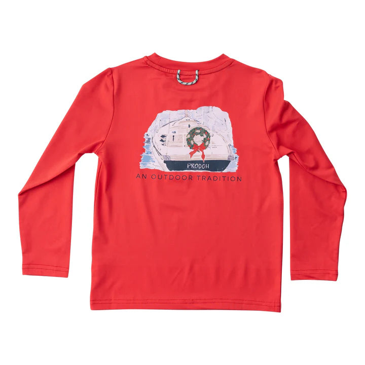 Kids Performance Red LS Tee Christmas Wreath
