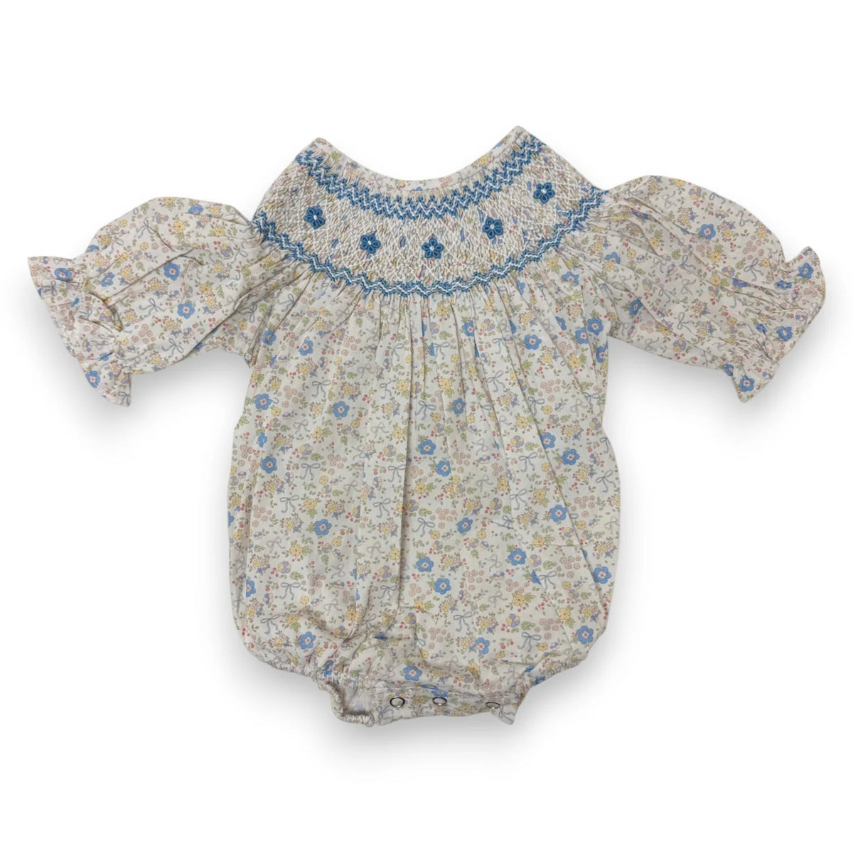 Ashley Blue & Yellow Bow Floral Print Smocked Bubble