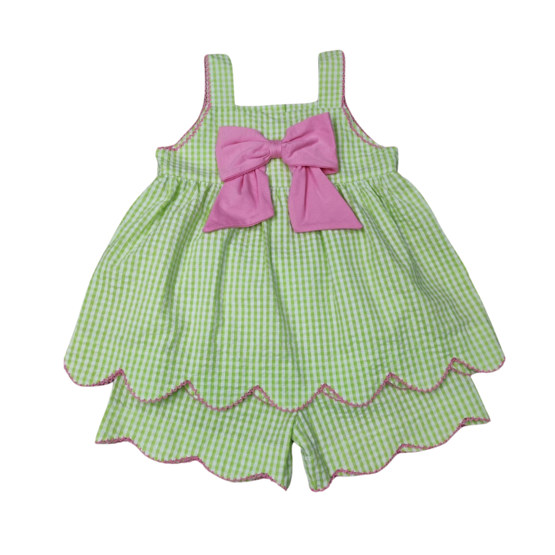 Girls Green Seersucker Sun Top With Scalloped Hem & Shorts 4T