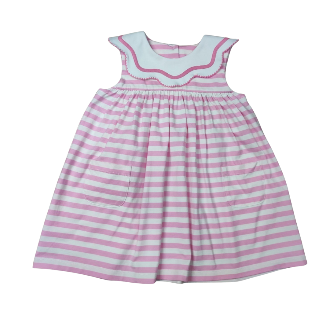 Girls Pink White Stripe Knit Sleeveless Scallop Collarfloat Dress