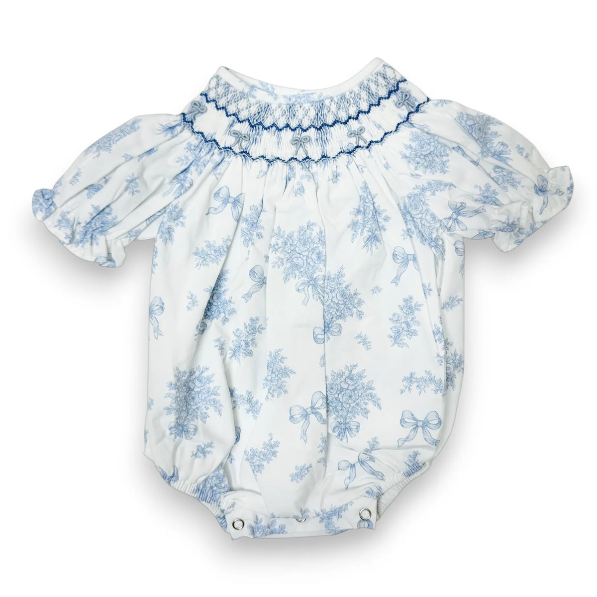 Evelyn Blue & White Floral Print Bow Smocked Bubble