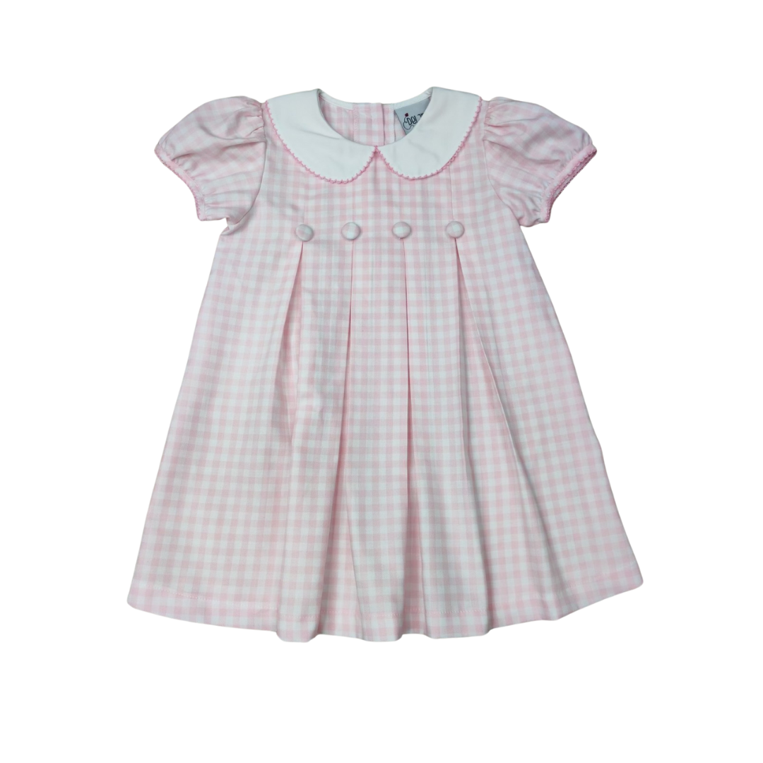 Girls Pink Check 4 Pleat Covered Button Peter Pan Collar Cheese