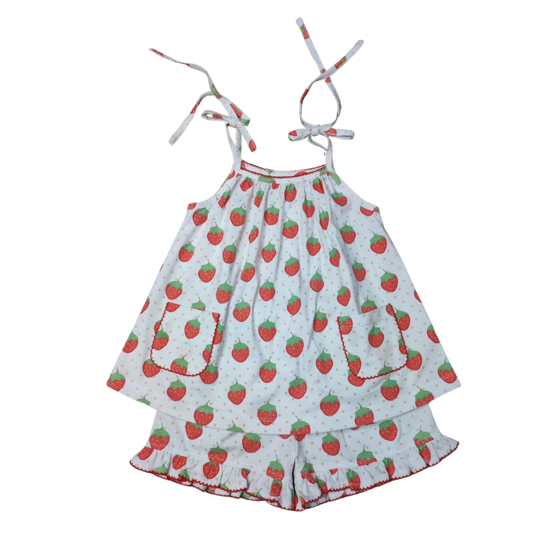 Girls Strawberry Print Knit Tie Shoulder Top & Short