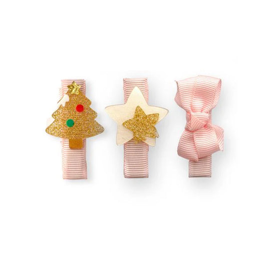 Tree Star Glitter Gold And Fabric Bow Baby Clips