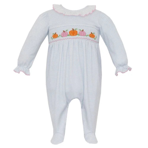 Pumpkin Blue Gingham Knit Long Sleeve Footie