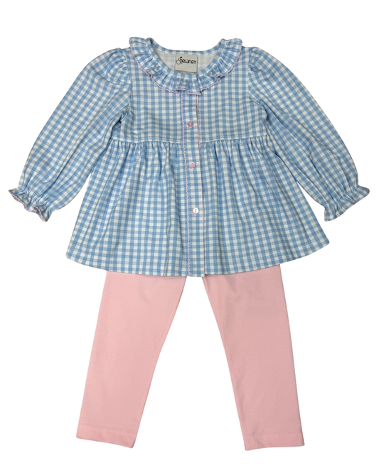 Blue Check Knit Top with Pink Leggings