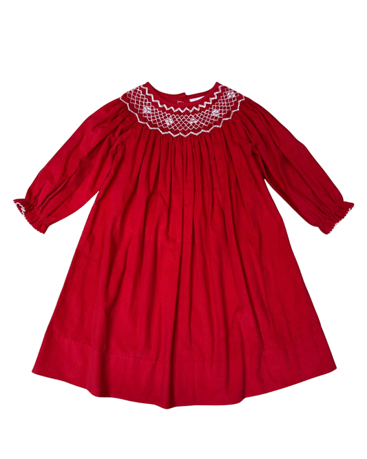 Red Cord Smocked White Geometric Dress