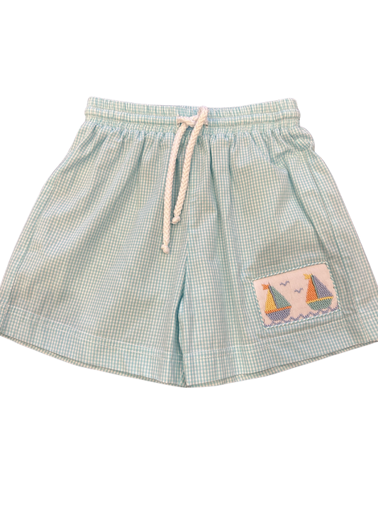 Aqua Checked Boys Sailboat Smocked Bathing Suit 3T