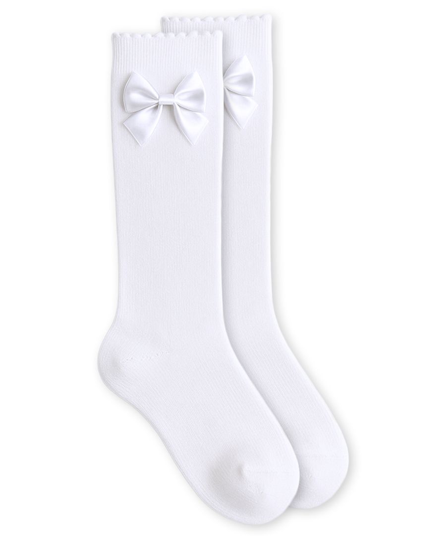 Satin Bow Scalloped Knee Socks - 1 Pair