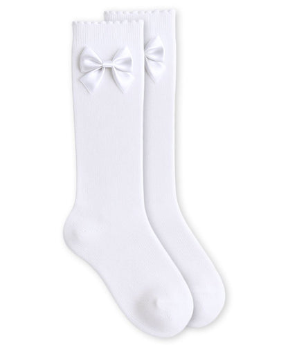 Satin Bow Scalloped Knee Socks - 1 Pair