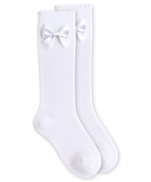 Satin Bow Scalloped Knee Socks - 1 Pair