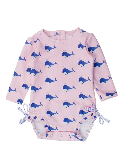 Pink Whale Friends Long Sleeve One Piece Rash Guard Swimsuit