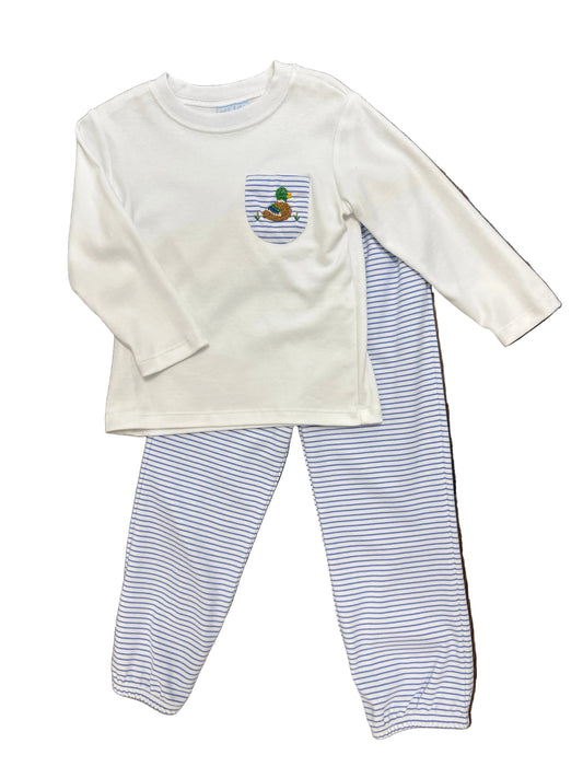 Mallard Blue Stripe Knit Boys Pant with White Top