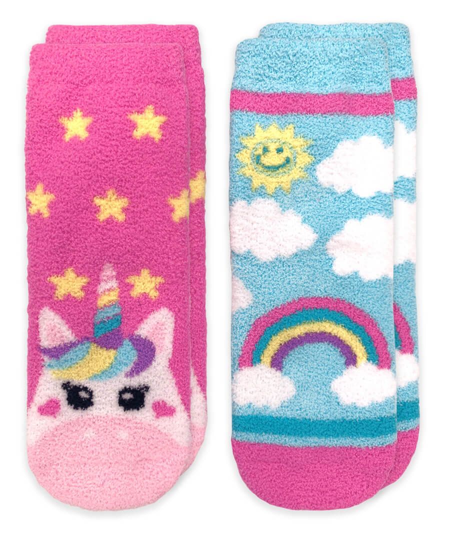 Unicorn and Rainbow Fuzzy Non-Skid Slipper Socks - 2 Pair Pack