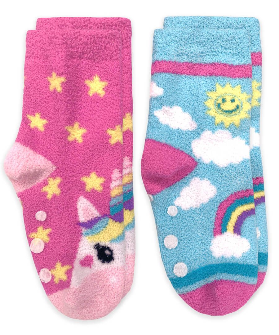 Unicorn and Rainbow Fuzzy Non-Skid Slipper Socks - 2 Pair Pack