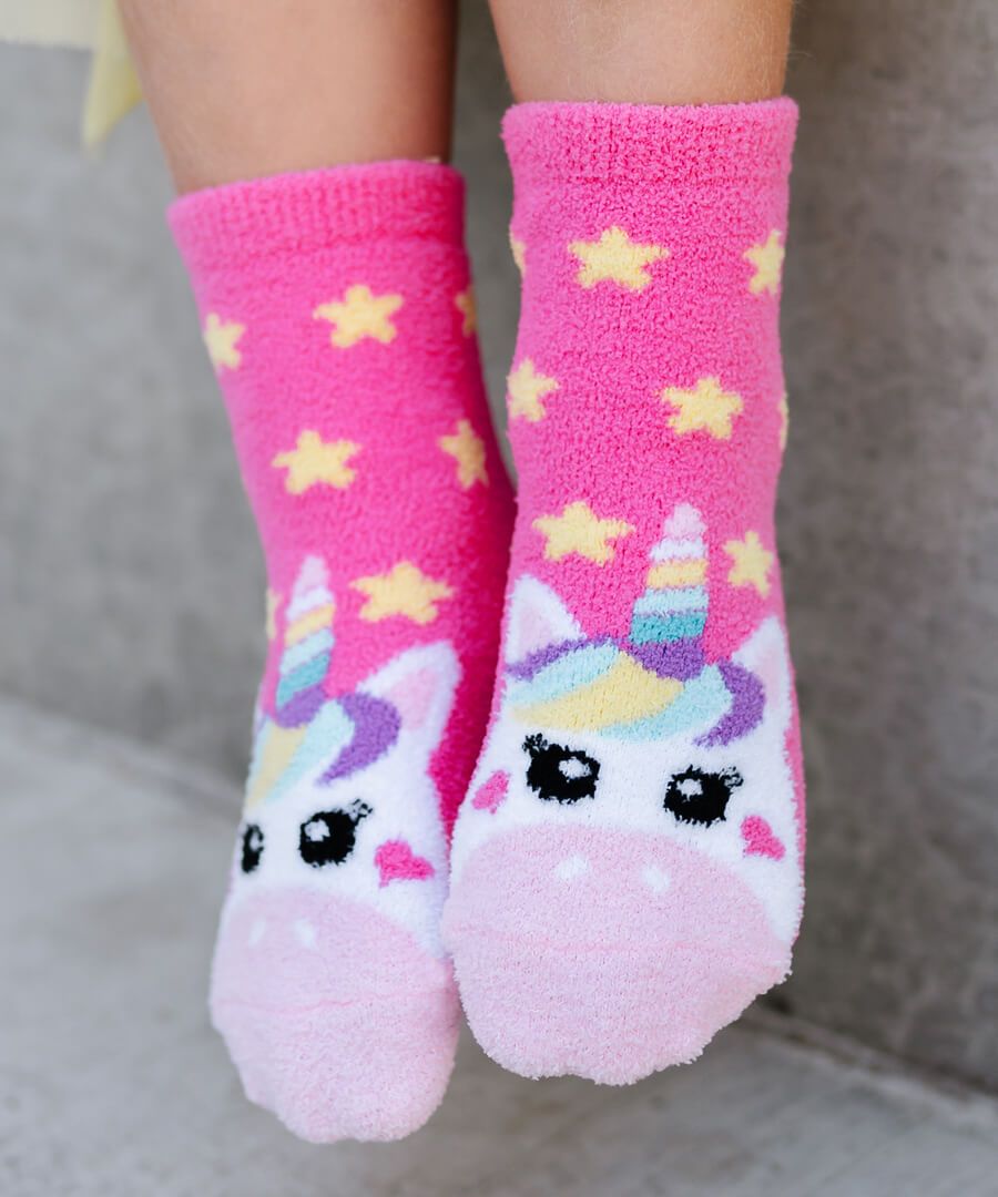 Unicorn and Rainbow Fuzzy Non-Skid Slipper Socks - 2 Pair Pack