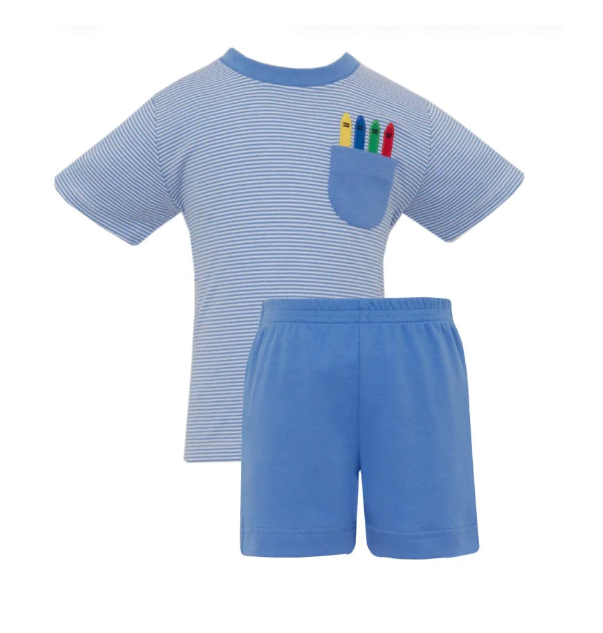 Blue Striped Knit Shorts Set with Appliqué Pocket