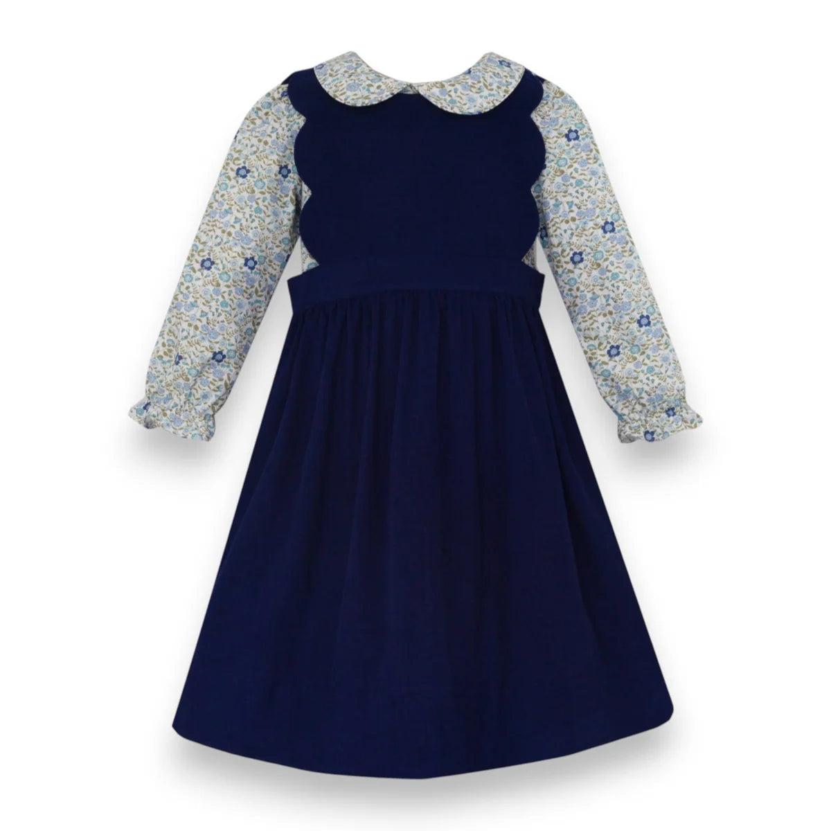 Navy Blue Corduroy Scalloped Jumper With Blouse