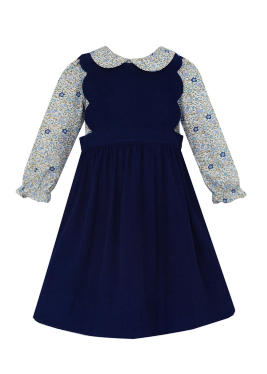 Navy Corduroy Scalloped Jumper with Blouse