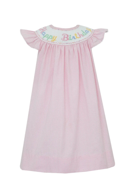 Happy Birthday Pink Seersucker Check Angel Wing Bishop Dress