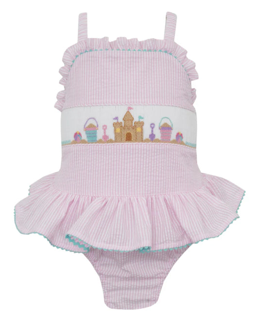 Pink Seersucker Sand Castle One Piece