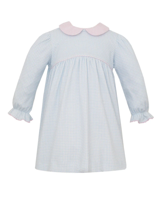 Light Blue Gingham Knit Dress With Pink Collar