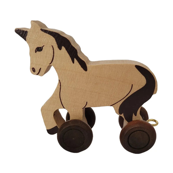 Natural Wooden Toy Unicorn On Wheels