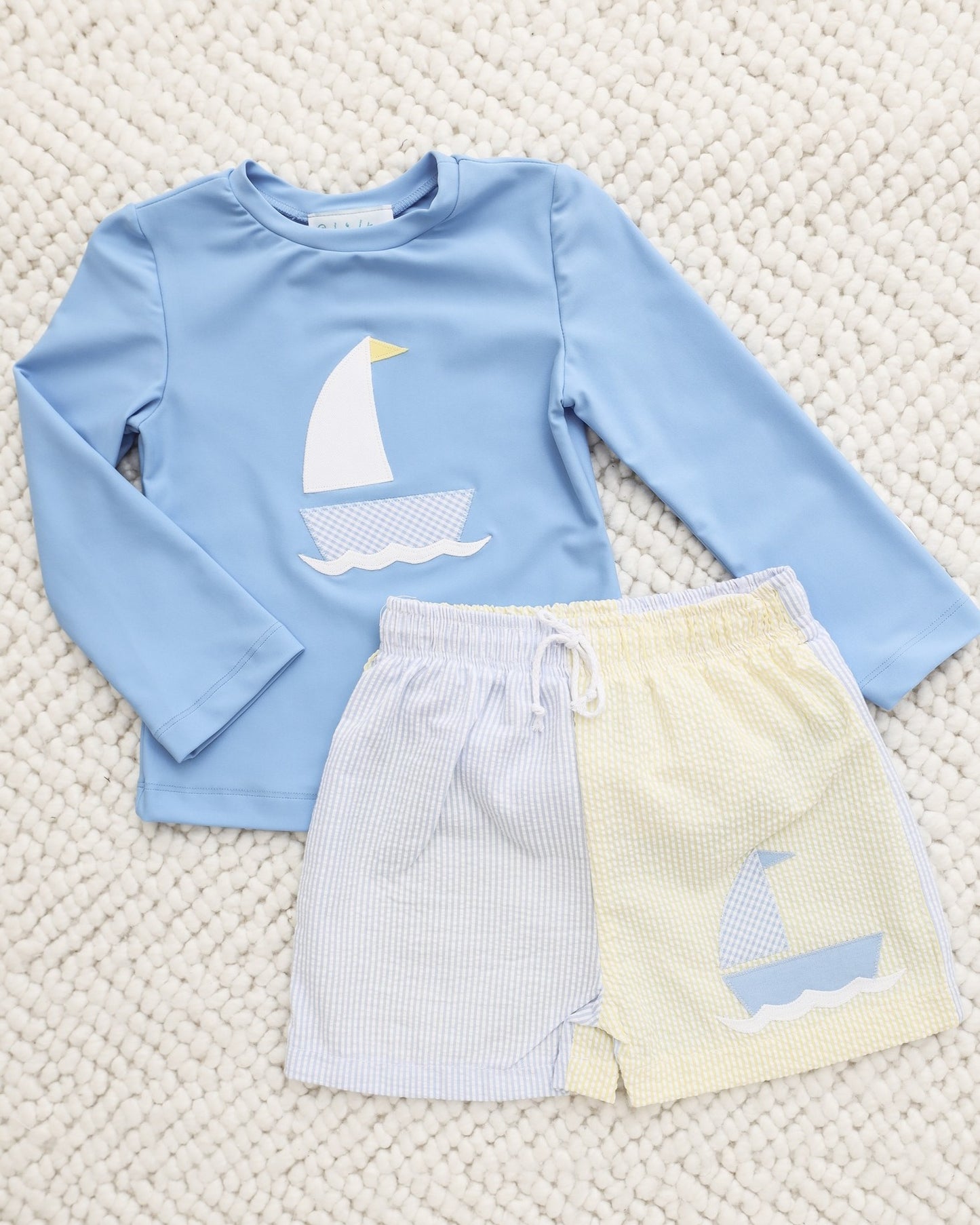 Seersucker Sailboat Rashguard and Swim Set