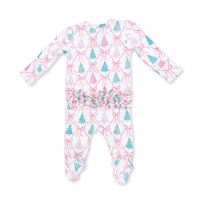 Bow Trellis Tree Ruffle - 2 Way Zipper Footie