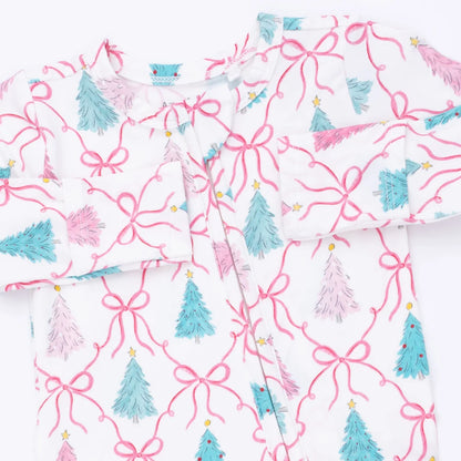 Bow Trellis Tree Ruffle - 2 Way Zipper Footie