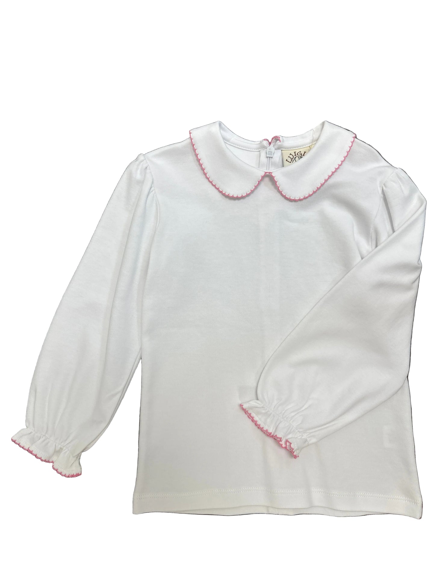 White Long Sleeve Shirt With Pink Trim Collar
