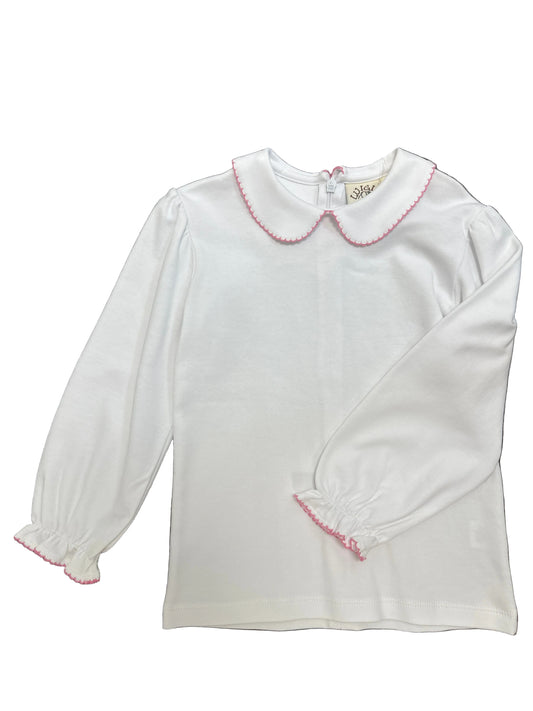 White Long Sleeve Shirt With Pink Trim Collar