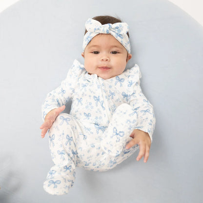 Blue Bows and Flowers - 2 Way Zipper Footie