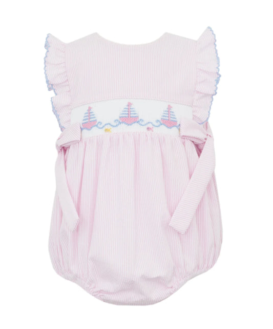 Sailboat Girls Sleeveless Romper With Side Bows Seersucker
