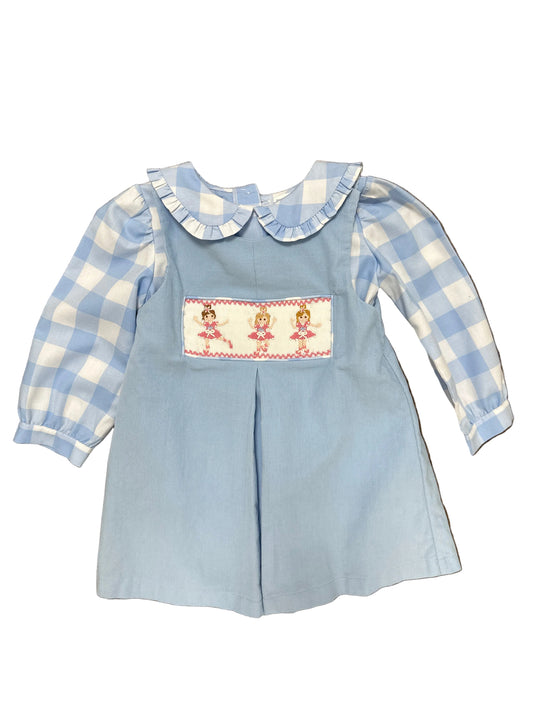 Blue Pleat Front Ballerina Smocked Jumper/blue Checked Blouse