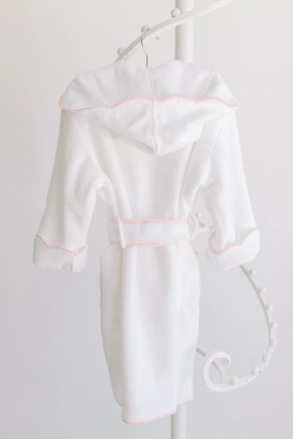 Bathrobe White Terry With Hood And Pink Scalloped Trim