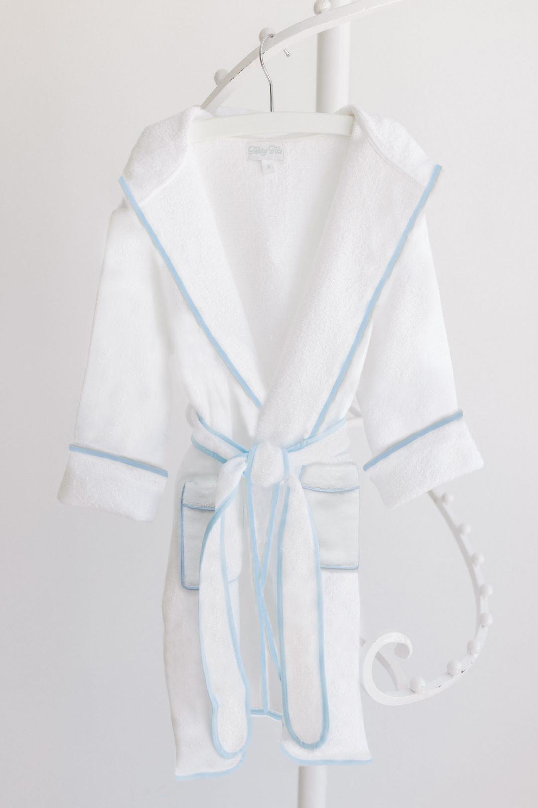 Bathrobe White Terry With Hood Blue Trim