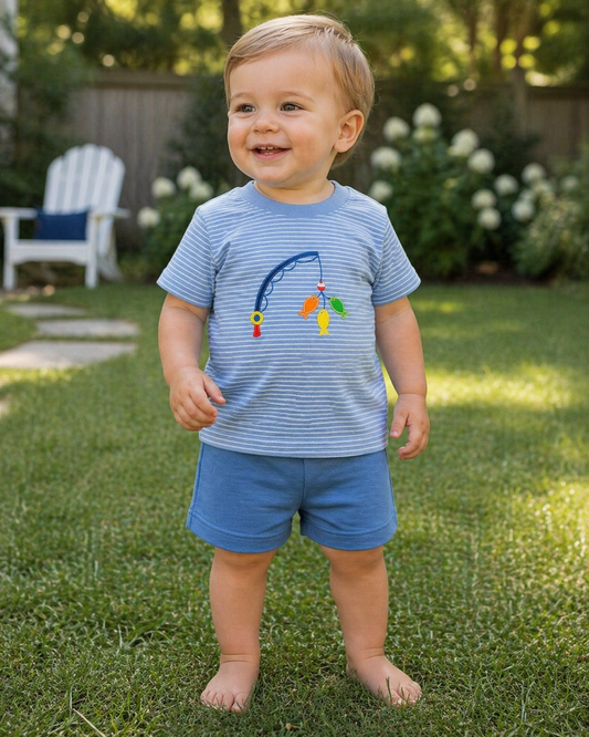 Fishing Knit Blue Striped Short Set