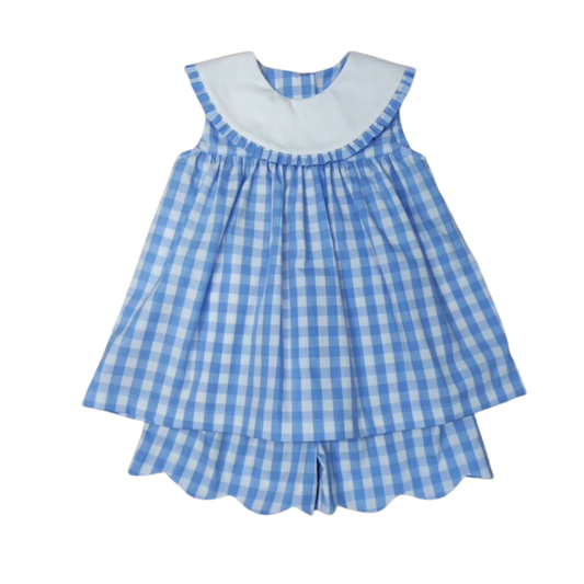 Blue Check Ruffle Collar Sleeveless Top Short Set