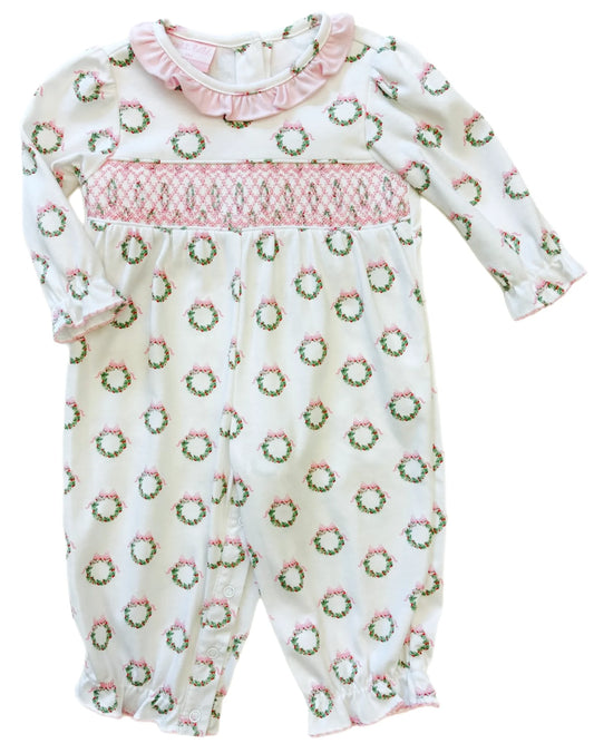 Holiday Pink Wreath Knit Long Romper