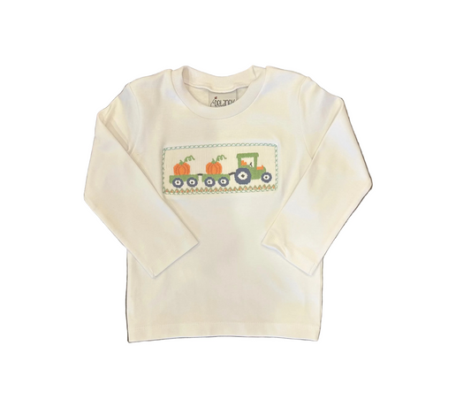 Boys White LS Smocked Tractor/Pumpkin Shirt